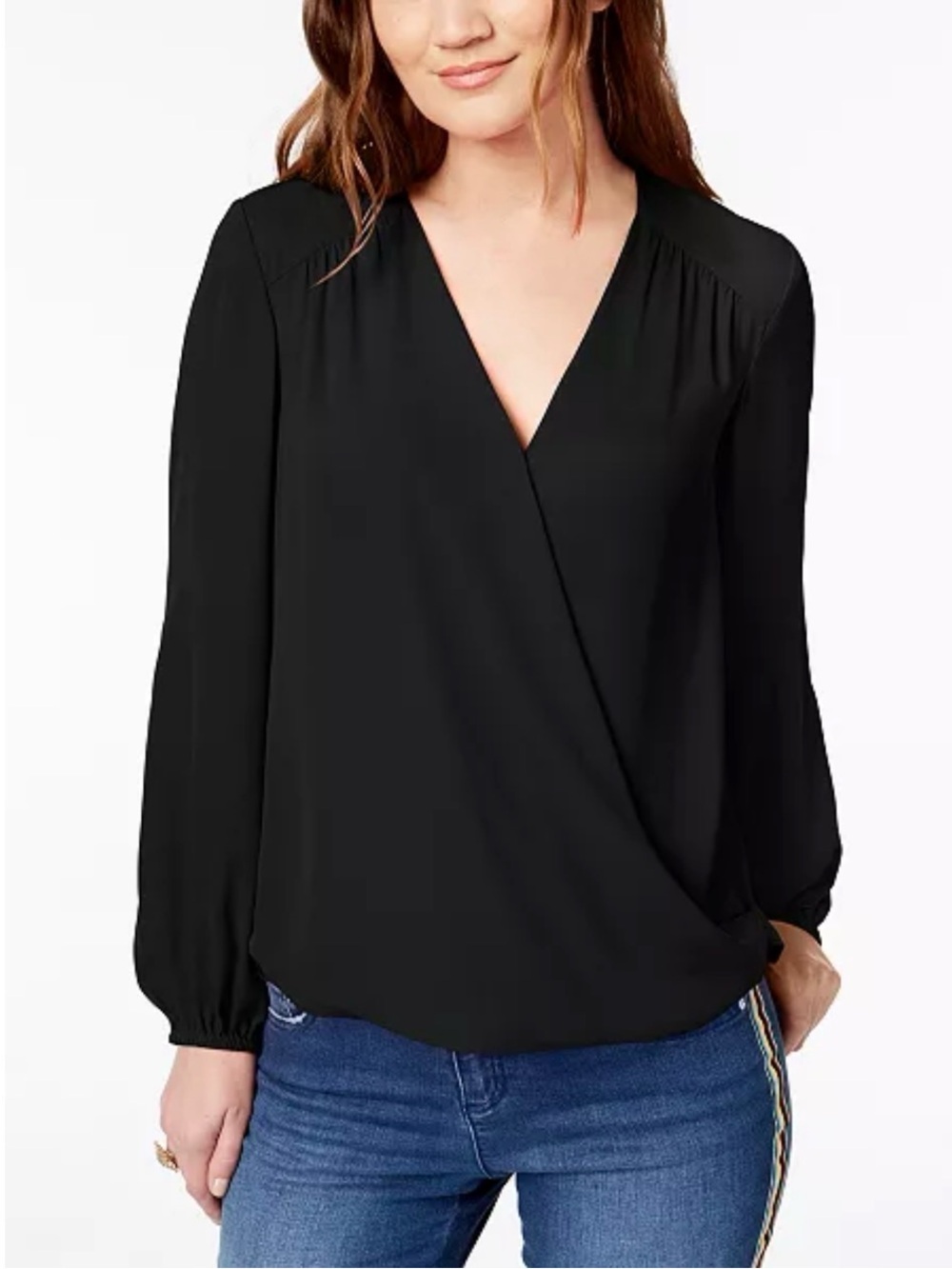 INC International Concepts Black Wrap-Style V-Neck Blouse